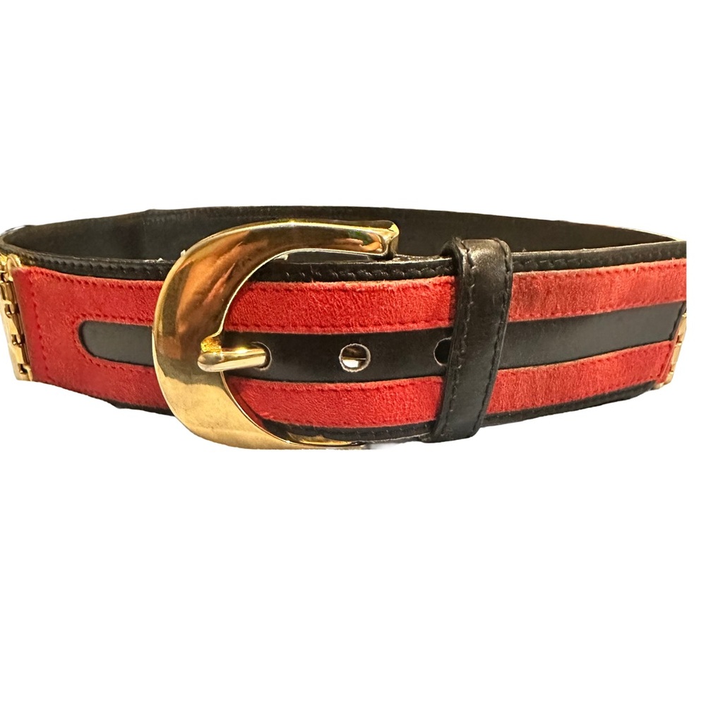 Vintage Escada Red & Black Leather Belt with Gold Buckle